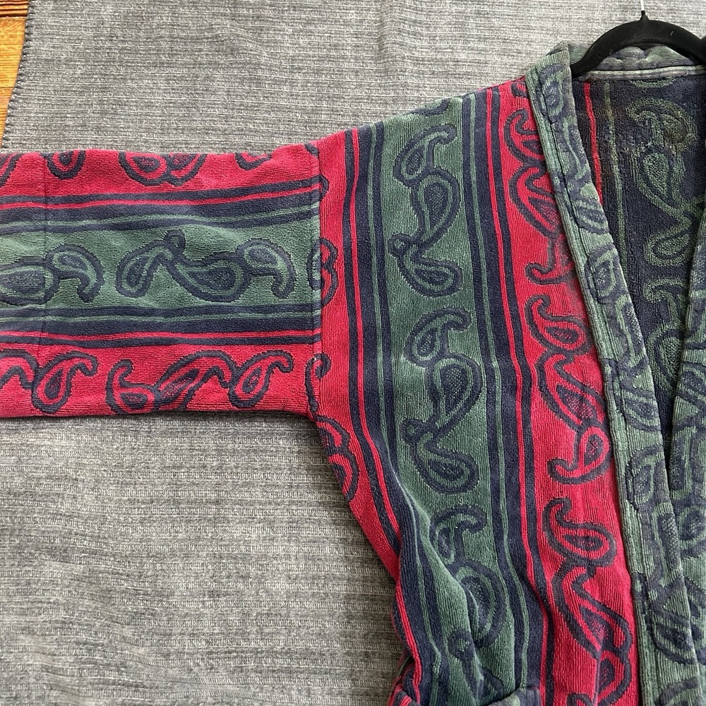 Vintage Turkish Cotton Blend Robe Knightsbridge OS Burgundy Green Paisley Belted - Picture 13 of 16